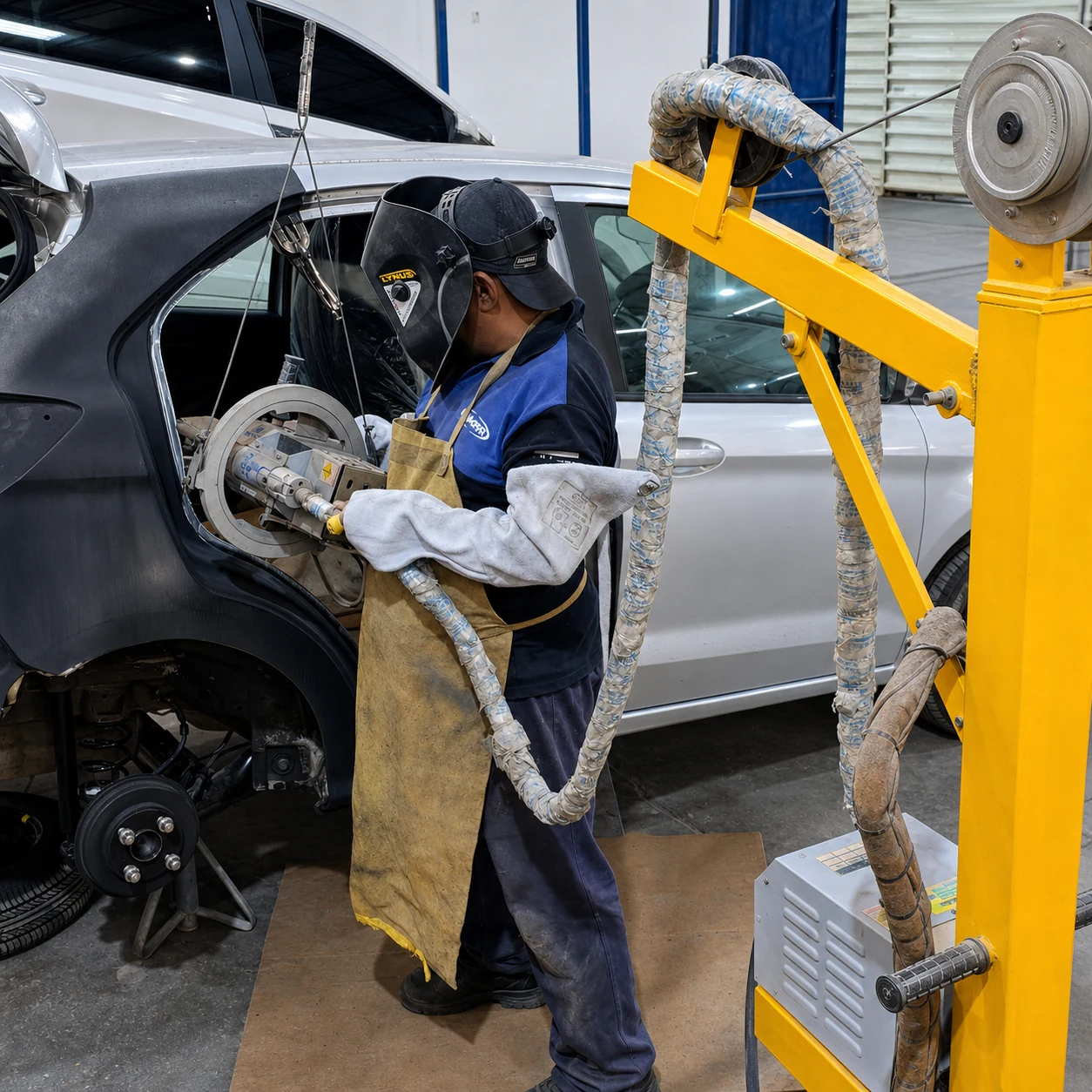 Profissional realizando solda ponto automotiva